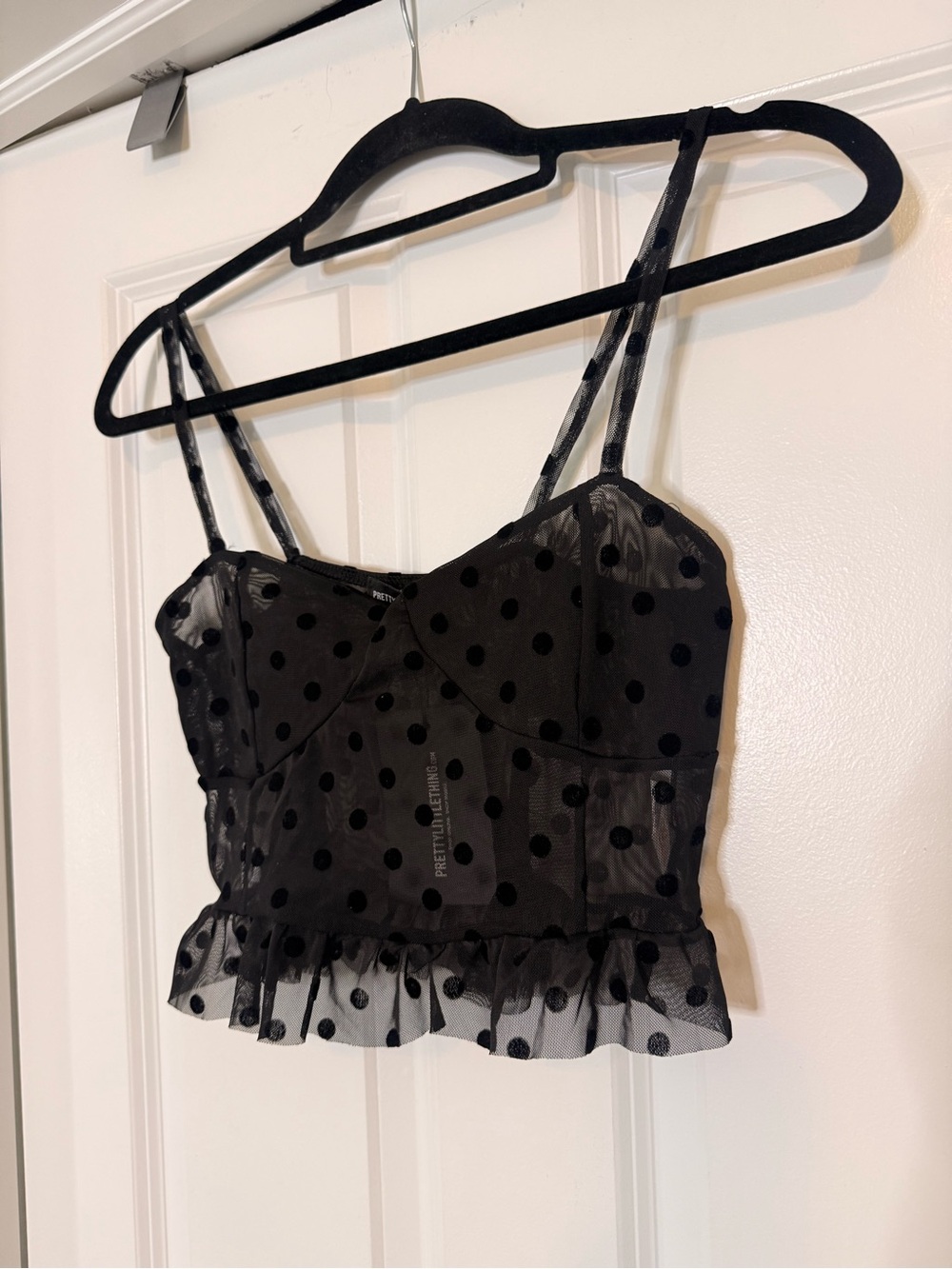 PrettyLittleThing Black Polka Dot Mesh Crop Cami Top with Ruffle Hem